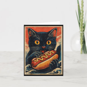 Rolig svart katt som äter varmkorv retro japanska kort