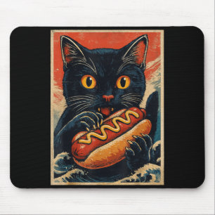 Rolig svart katt som äter varmkorv retro japanska musmatta