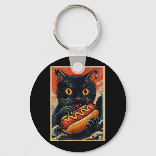 Rolig svart katt som äter varmkorv retro japanska nyckelring