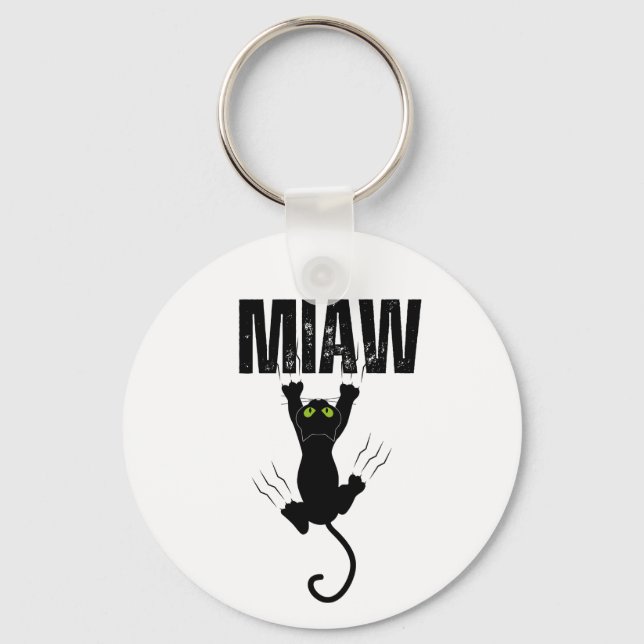 Rolig svart katt som kliar "MIAW" Grafik Nyckelring (Framsida)