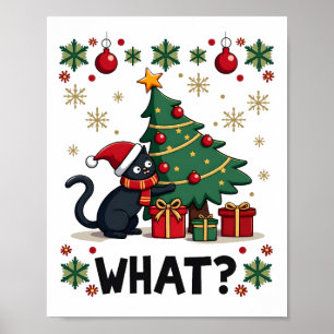 Rolig svart katt som knuffar julgran ful poster