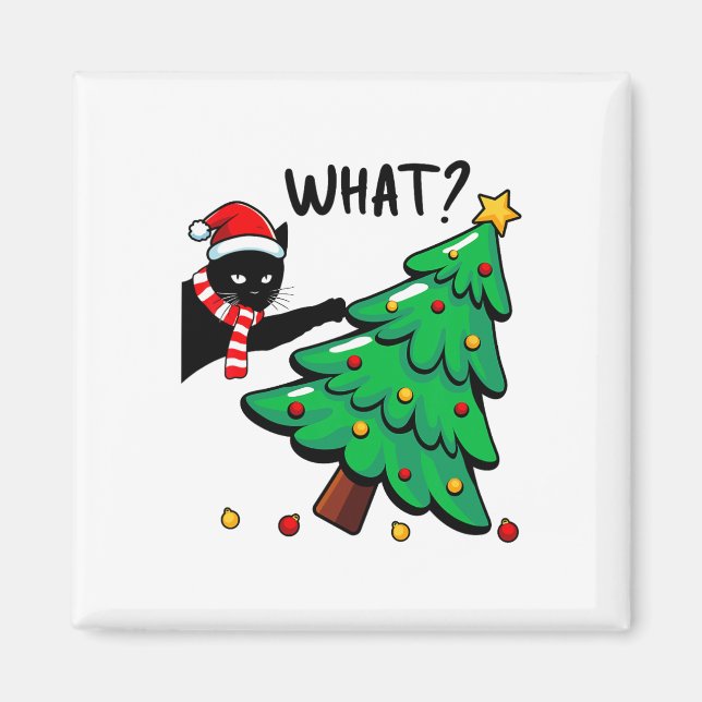 Rolig svart katt som knuffar julgran Katt Vad Magnet (Framsidan)