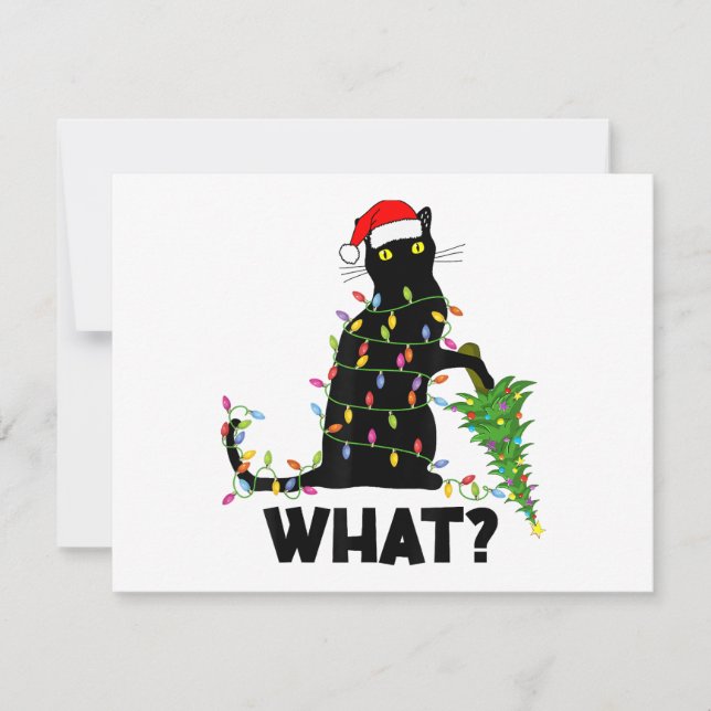 Rolig svart katt som knuffar julgran över katt ch julkort (Framsida)