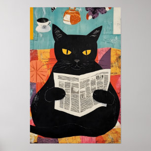 Rolig svart katt som läser tidning poster