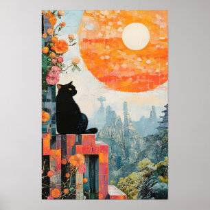 Rolig svart katt som njuter av fullmånen poster