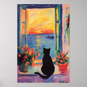 Rolig svart katt som njuter av solnedgången poster