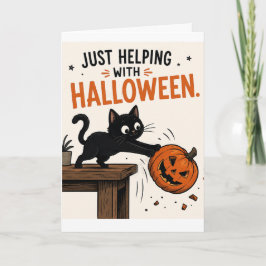 Rolig svart katt som välter pumpa Halloween Kort