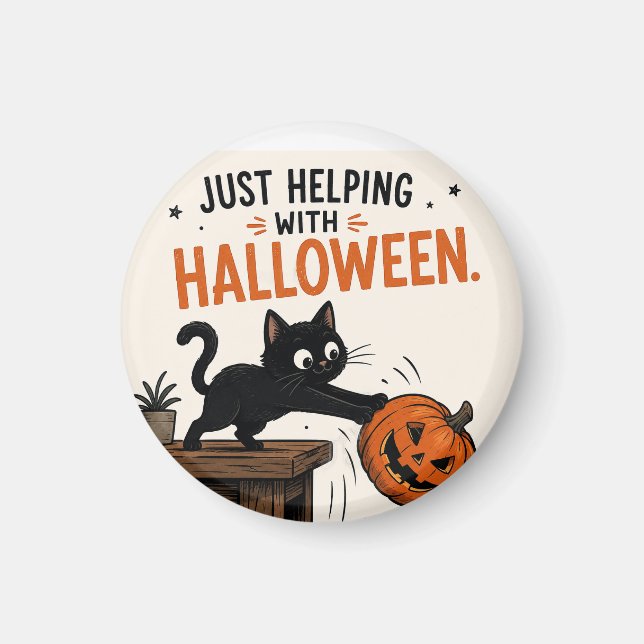 Rolig svart katt som välter pumpa Halloween Magnet (Framsidan)