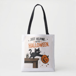 Rolig svart katt som välter pumpa Halloween Tygkasse