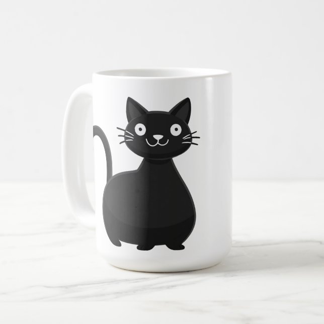 Rolig svart katt stora ögon söt katt illustration kaffemugg (Framsida vänster)