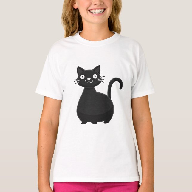 Rolig svart katt stora ögon söt kattillustration t shirt (Framsida)