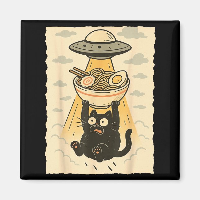 Rolig svart katt Ufo Ramen Alienbortförande Grafis Magnet (Framsidan)