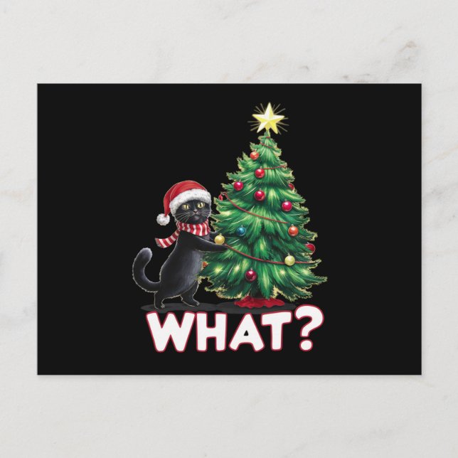 Rolig svart katt vad Xmas julgran Helg Vykort (Framsida)