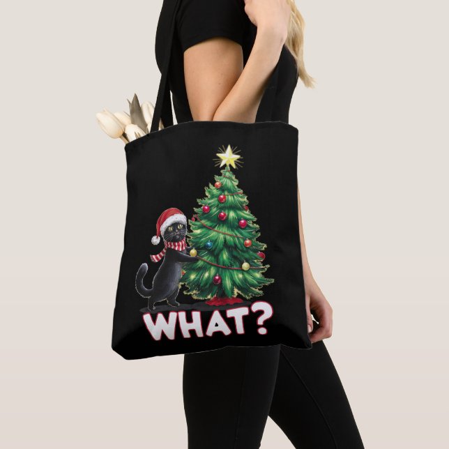 Rolig svart katt vad Xmas julgran Tygkasse (Närbild)