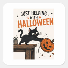 Rolig svart katt välter pumpa Halloween Fyrkantigt Klistermärke