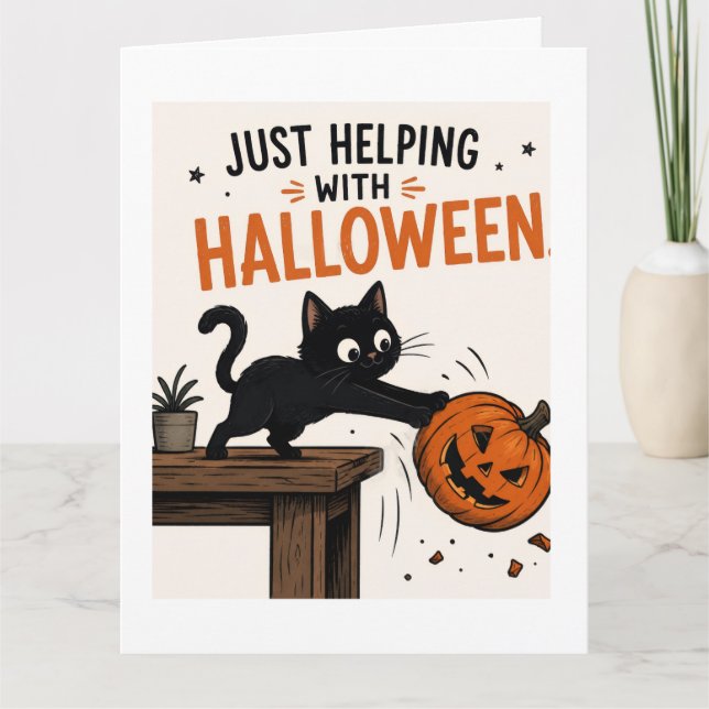 Rolig svart katt välter pumpa Halloween Kort (Framsida)