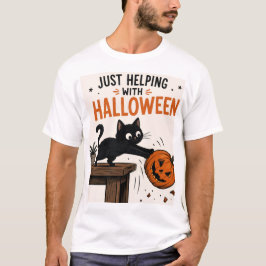 Rolig svart katt välter pumpa Halloween T Shirt