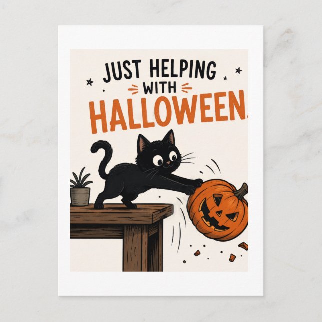 Rolig svart katt välter pumpa Halloween Vykort (Framsida)