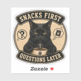 Rolig svart katt vinyldekal | Snacks först Quest Klistermärken