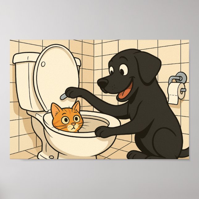 Rolig svart Labrador och katt badrums konst  Poster (Framsidan)