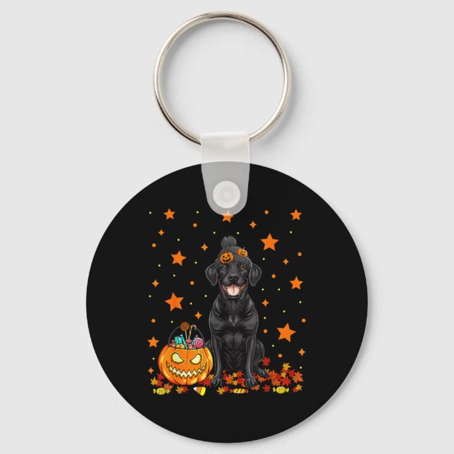 Rolig svart Labradorhund och pumpagodis Nyckelring (Framsida)