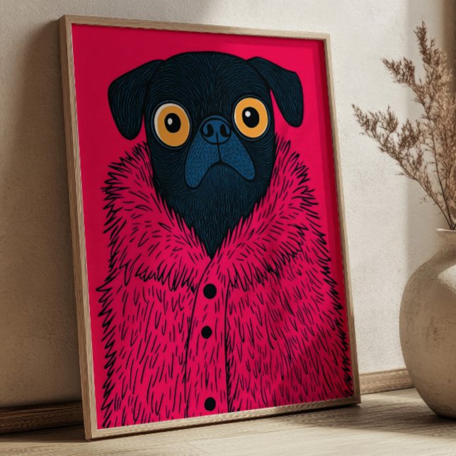 Rolig svart mops i rosa päls Djurmode Konst Poster (Skapare uppladdad)