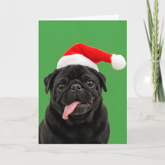 Rolig svart mops julhatt tunga ut jul helgkort (Framsida)
