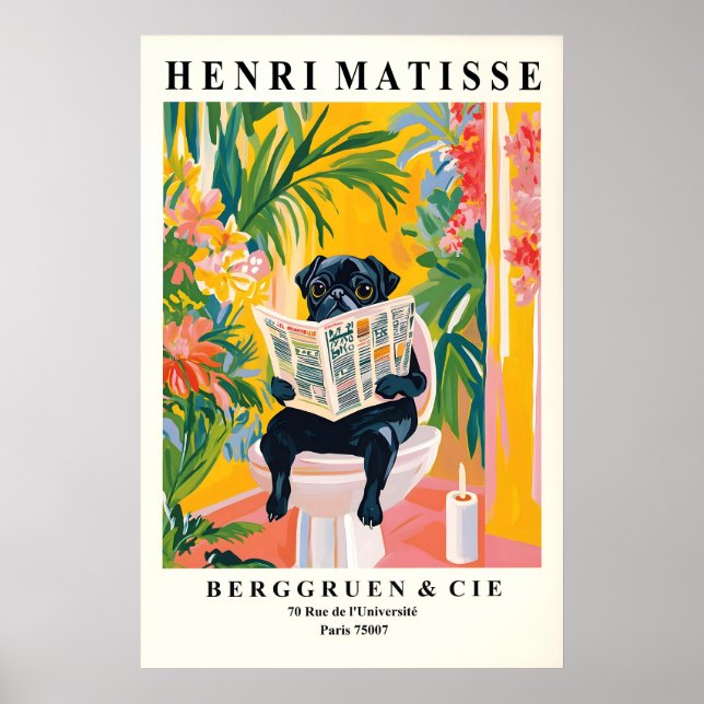 Rolig svart mopsbadrumstryck i Matisse-stil Poster (Framsidan)