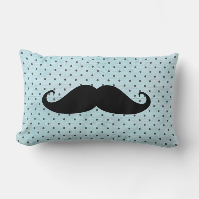 Rolig svart mustasch på krickablåttpolka dots lumbarkudde (Framsida)