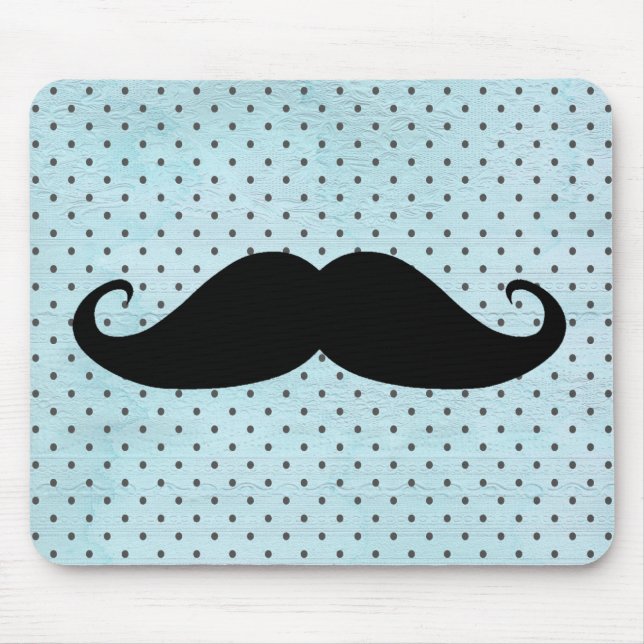 Rolig svart mustasch på krickablåttpolka dots musmatta (Framsidan)