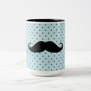 Rolig svart mustasch på krickablåttpolka dots Två-Tonad mugg
