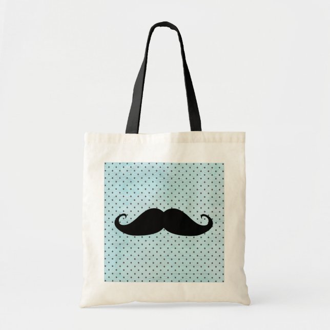 Rolig svart mustasch på krickablåttpolka dots tygkasse (Framsidan)