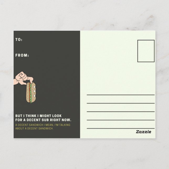 Rolig svart och gul smörgås vykort (Baksida)