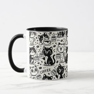 Rolig svart och vit katt som dricker kaffe Mugg