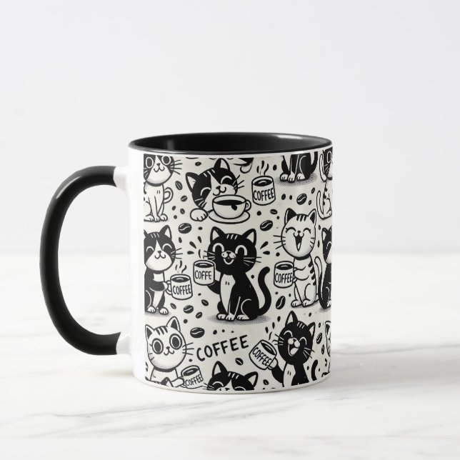 Rolig svart och vit katt som dricker kaffe Mugg (Vänster)