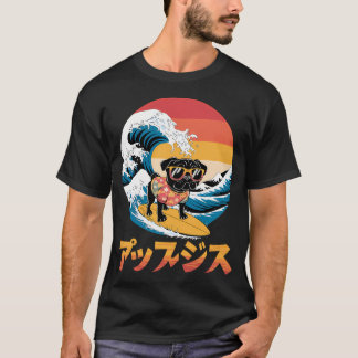 Rolig svart Pug hund Japanska Kanagawa våg T Shirt