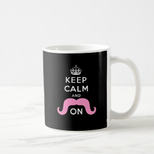 Rolig svart, rosabehållalugn och mustasch på kaffemugg