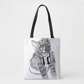 Rolig svart- & vitkatt i hörlurarillustration tygkasse