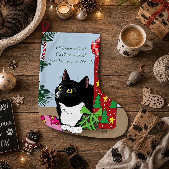 Rolig svartvit smokingkatt julgran stor julstrumpa (Skapare uppladdad)