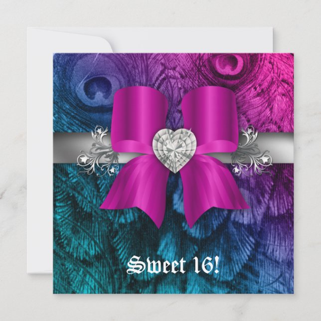 Rolig Sweet 16-fest Invitation Påfågelbåge Rosa Si Inbjudningar (Framsida)