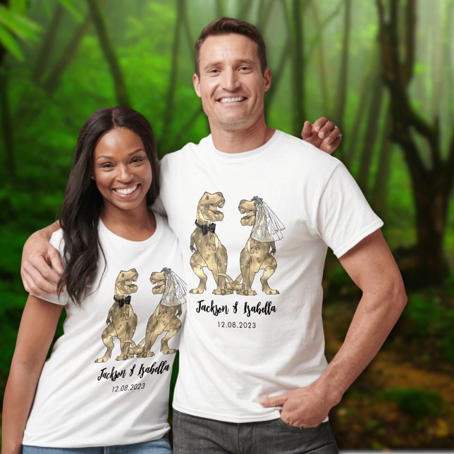 Rolig T-Rex Brud & Brudgum Dinosauriebröllop T Shirt (Funny T-Rex bride and groom dinosaur wedding t-shirts )