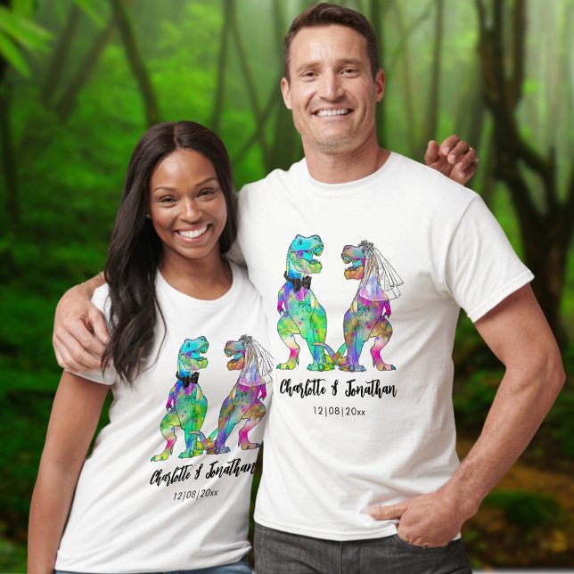 Rolig T-Rex Brud & Brudgum Dinosauriebröllop T Shirt (Dinosaur wedding T-Rex bride and groom tshirts colorful Jurassic dino watercolor )