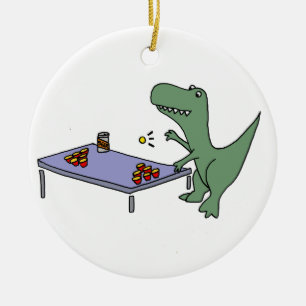 Rolig T-Rex Dinosaur som leker öl Pong Julgransprydnad Keramik