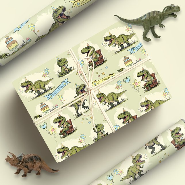 Rolig T Rex Dinosaurserie Pojk födselsdagsfest Presentpapper (T Rex Dinosaur Cartoon Green and Blue Jurassic three-rex kids funny birthday party wrapping paper)