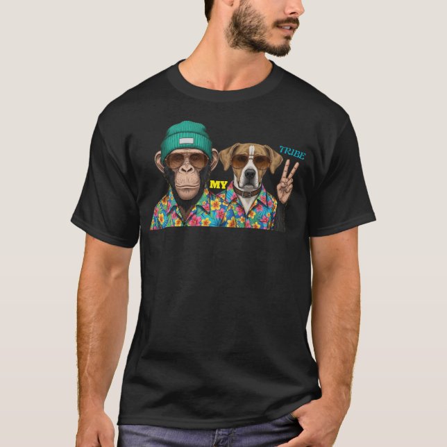 Rolig T-Shirt Med Djurfriends | Cool Monkey Hund   (Framsida)