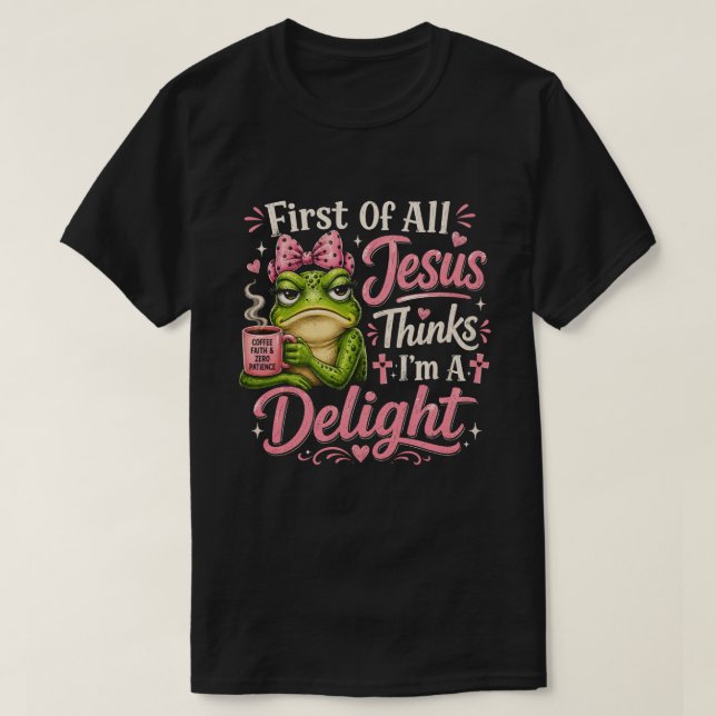 Rolig T-Shirt med Tro och Kaffe om Groda (Design framsida)