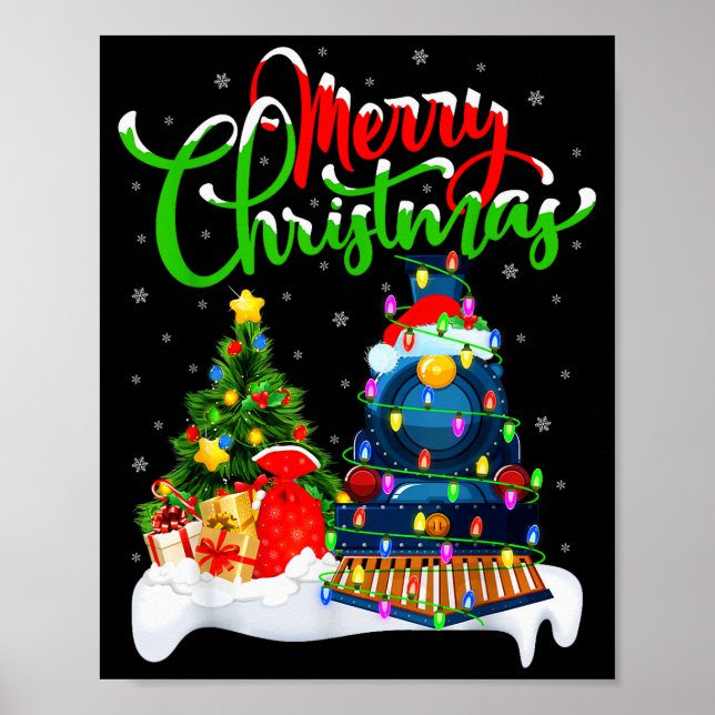 Rolig tågentusiast julbelysning Santa tåg jul Poster (Framsidan)