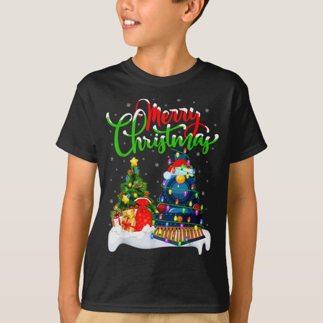 Rolig tågluffare julbelysning Santa Train jul T Shirt (Framsida)