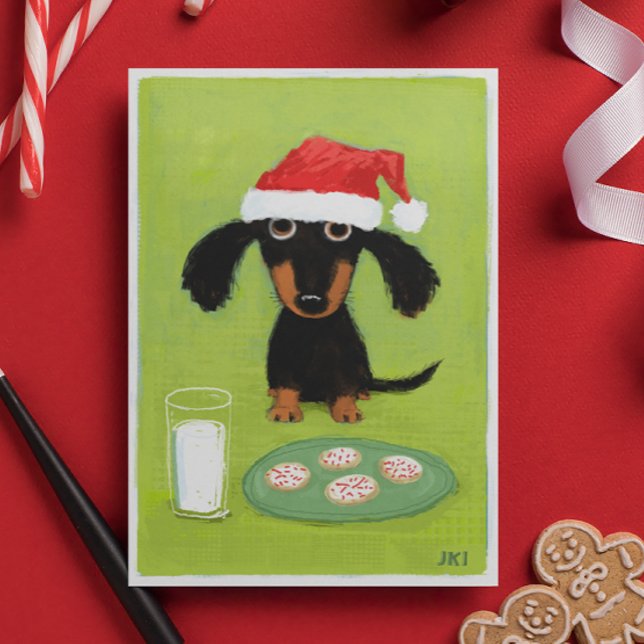 Rolig taxhund Santa med mjölk och kakor Helgkort (Skapare uppladdad)