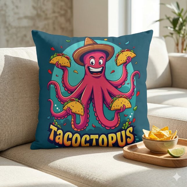 Rolig Tecknad Bläckfisk Taco Mat Punsch Kudde (Funny Taco Octopus Cartoon Food Pun Throw Pillow On White Sofa)